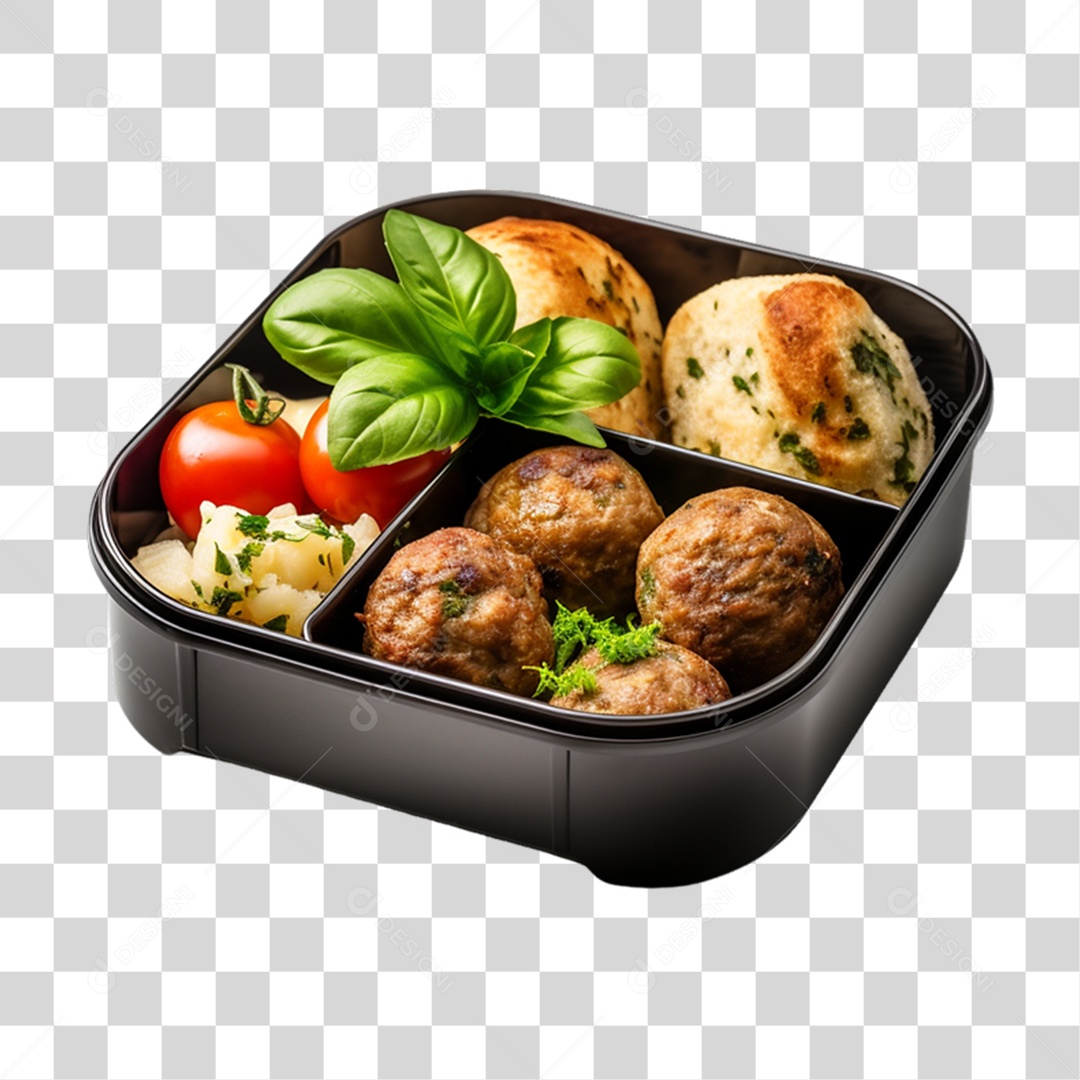 Marmita de Comida com Almondega e Pães PNG Transparente