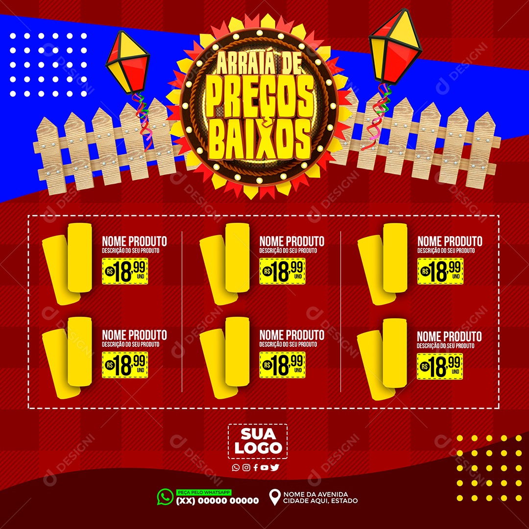 Encarte Arraiá de Preços Baixo Supermercado Social Media PSD Editável