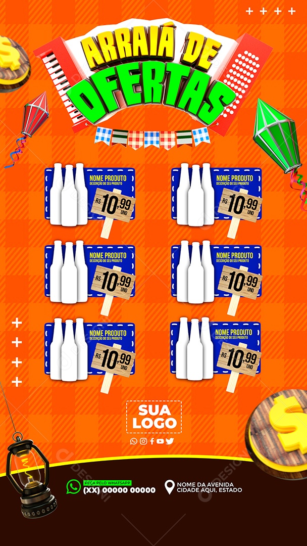 Encarte Arraiá de Ofertas Supermercado Social Media PSD Editável