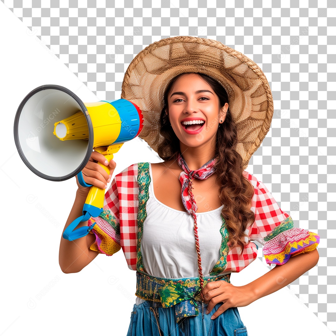 Mulher Caipira com Megafone Elemento 3D para Composição PSD
