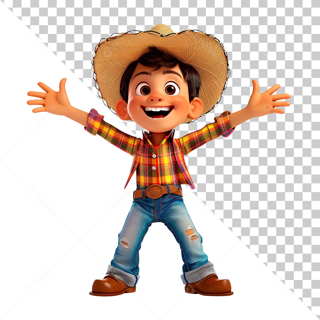Garotinho Caipira Feliz Elemento 3D para Composição PSD
