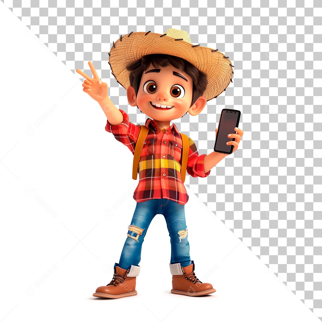 Garotinho Caipira Segurando Celular Elemento 3D para Composição PSD