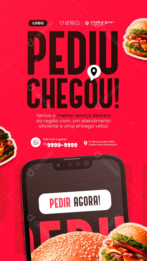 Story Hamburgueria Pediu Chegou Hamburguer Social Media PSD Editável