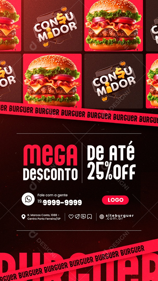 Story Hamburgueria Burguer Mega desconto de Até 25% Off Social Media PSD Editável