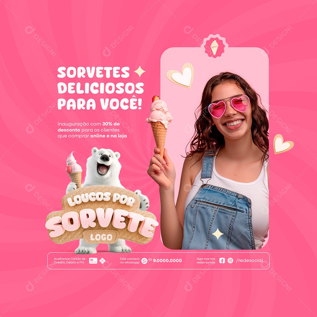 Sorvetes Deliciosos para Você Social Media PSD Editável