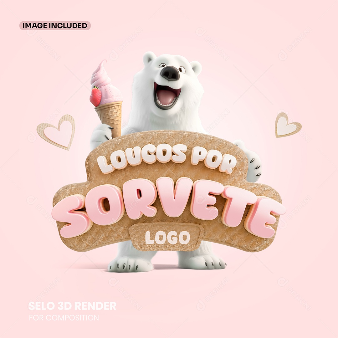 Loucos por Sorvete Selo 3D Rosa e Vermelho para Composição PSD