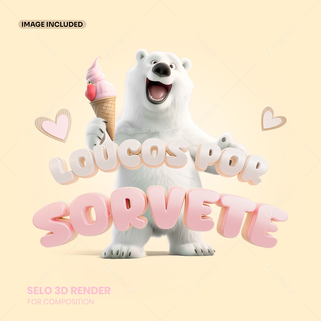 Loucos por Sorvete Selo 3D Branco Sorvete para Composição PSD