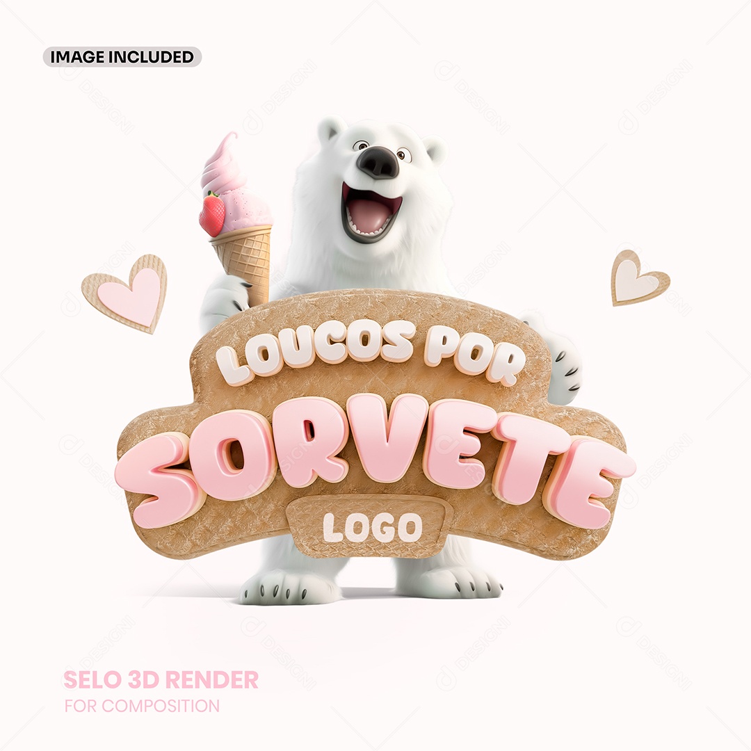 Loucos por Sorvete Selo 3D Rosa para Composição PSD