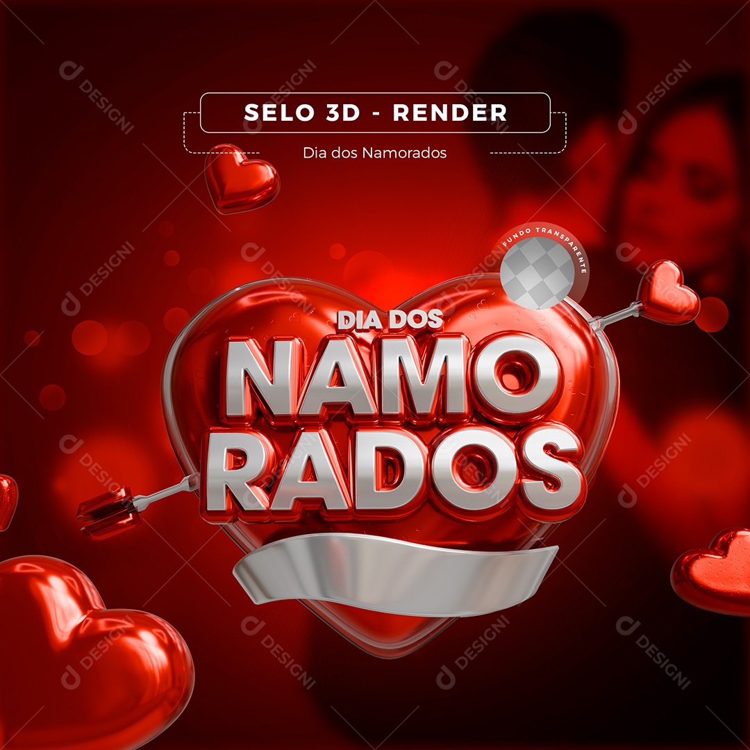 Dia dos Namorados Selo 3D Branco e Vermelho para Composição PSD