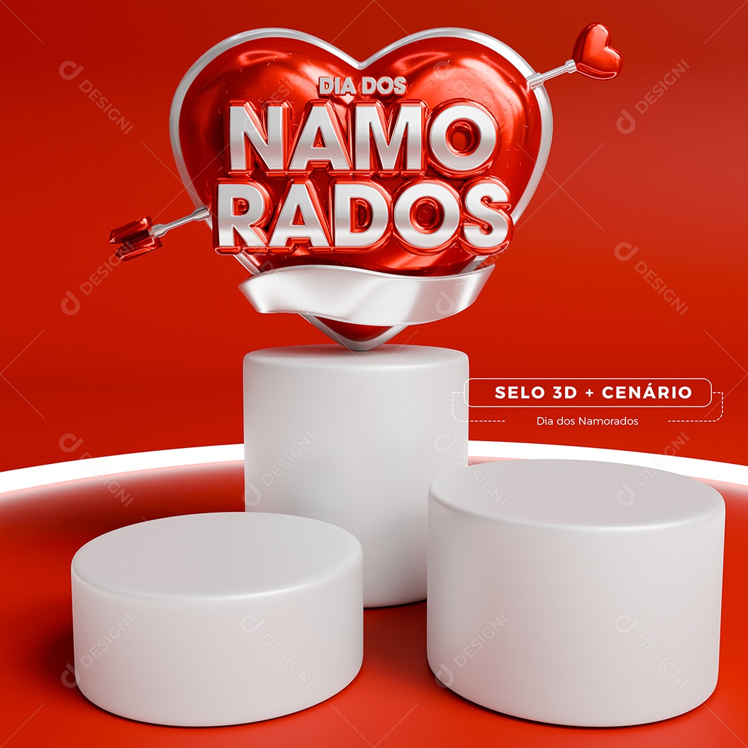 Dia dos Namorados Selo 3D Vermelho e Branco para Composição PSD