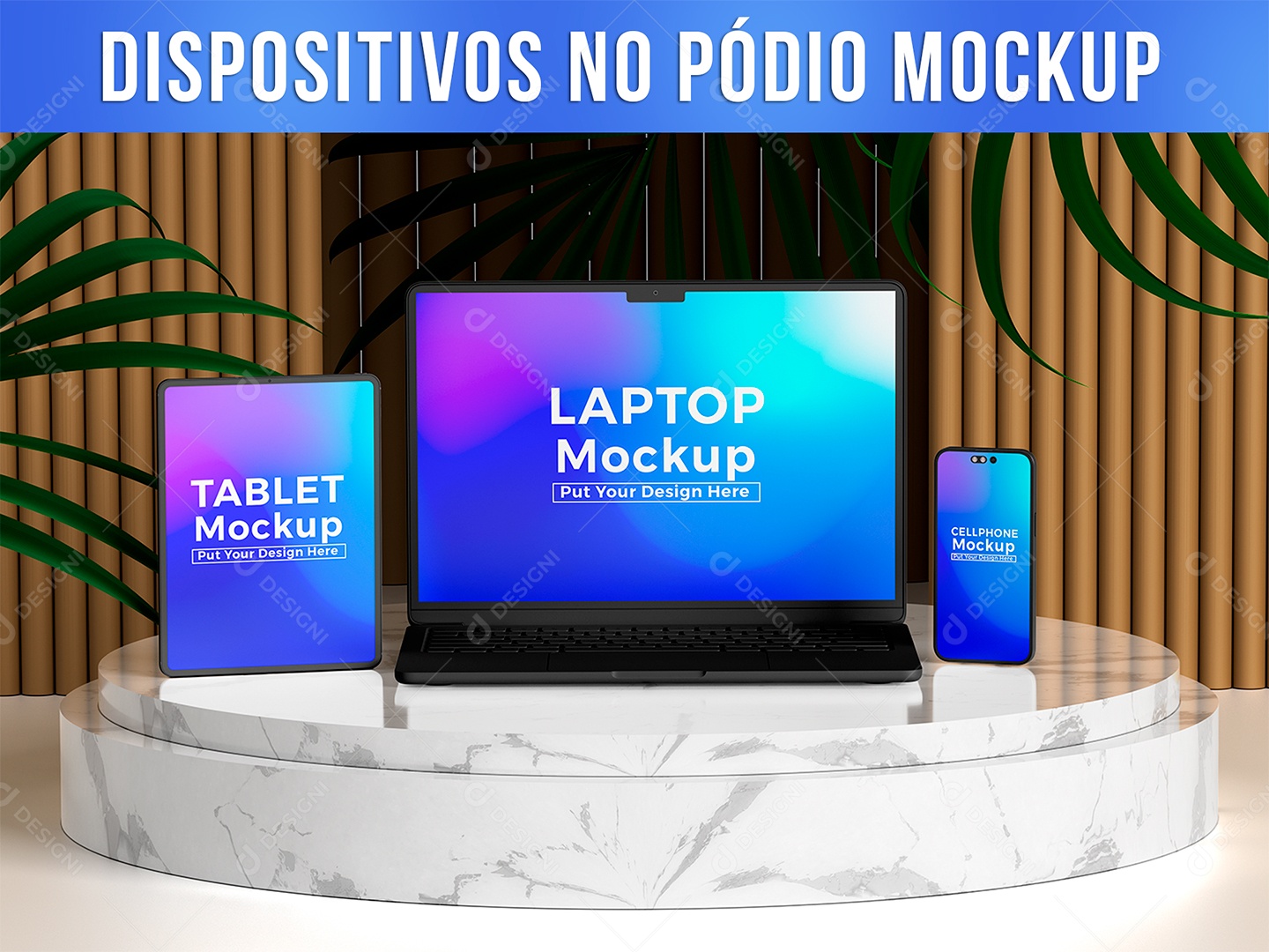Dispositivos no Pódio Mockup Celular Notebook Tablet Tecnologia Internet Aplicativo PSD