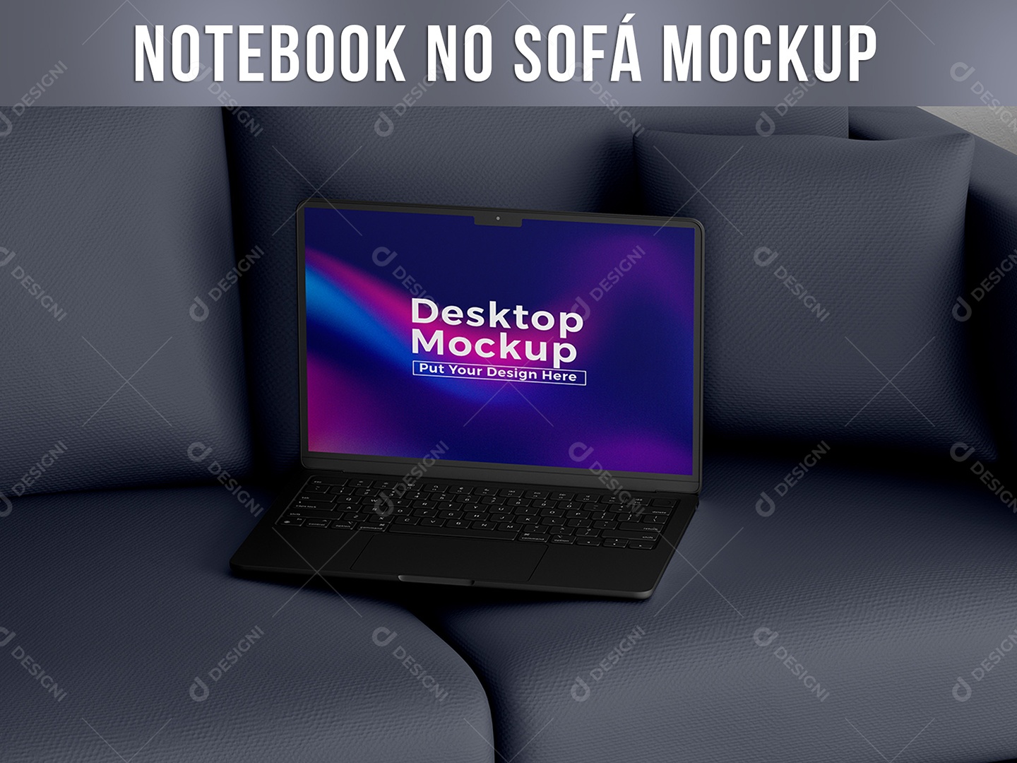 Notebook no Sofá Mockup Almofada Tela Teclado Casa Tecnologia Internet Aplicativo Laptop PSD