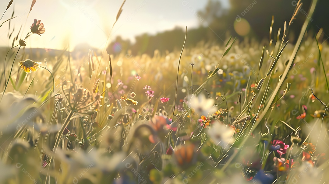 Um campo de flores silvestres balançando na brisa do verão