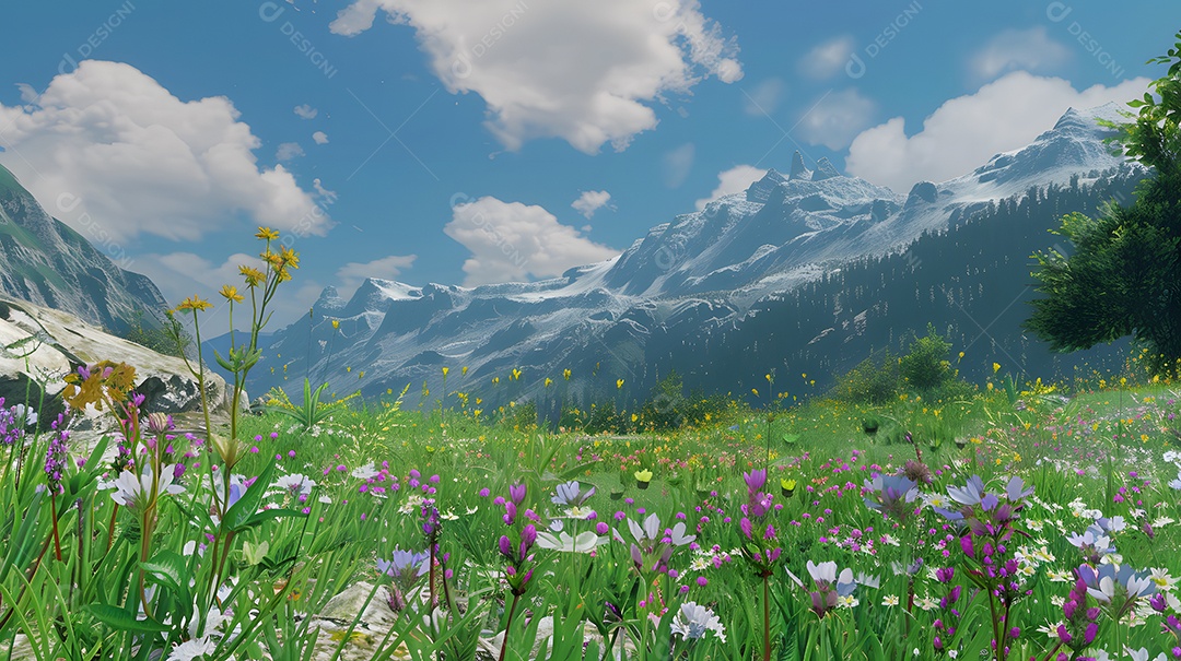 Prado alpino cheio de flores silvestres florescendo em uma paisagem montanhosa