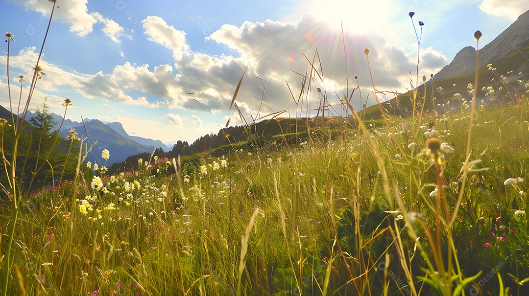 Prado alpino cheio de flores silvestres florescendo em uma paisagem montanhosa