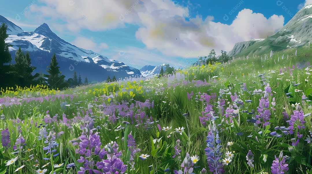 Prado alpino cheio de flores silvestres florescendo em uma paisagem montanhosa