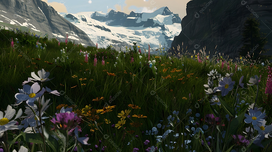 Prado alpino cheio de flores silvestres florescendo em uma paisagem montanhosa