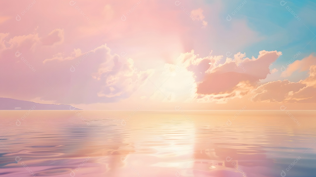 Pôr do sol de sonho sobre um oceano calmo com tons pastel