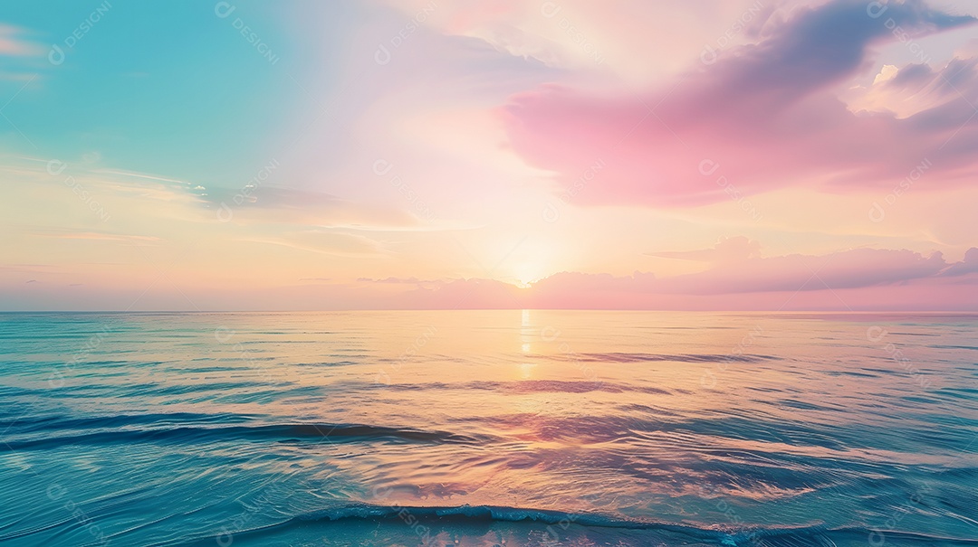 Pôr do sol de sonho sobre um oceano calmo com tons pastel