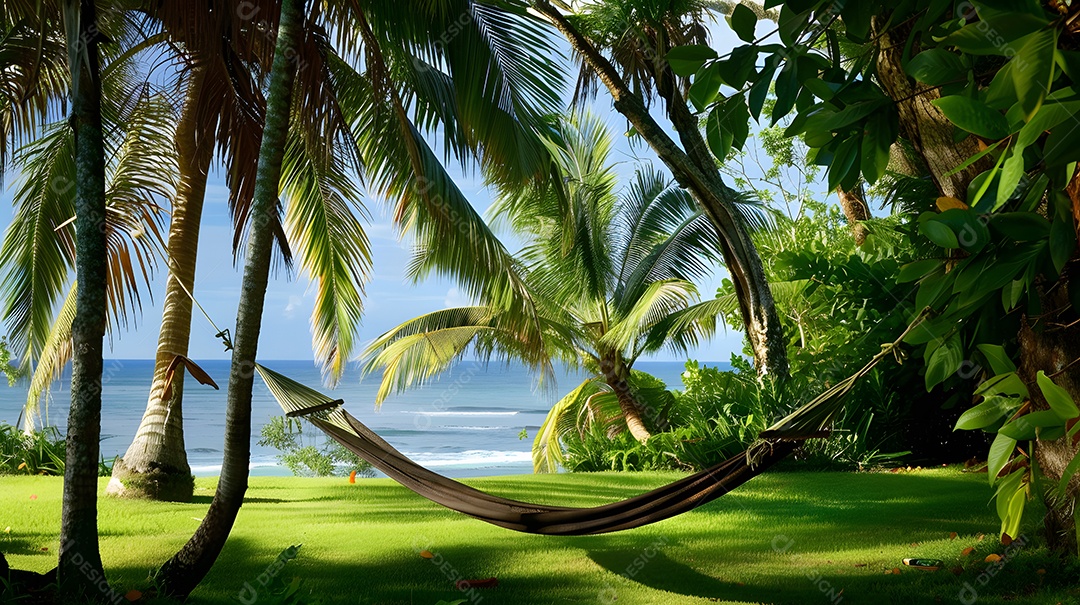 Rede sob uma copa de palmeiras com vista para o mar