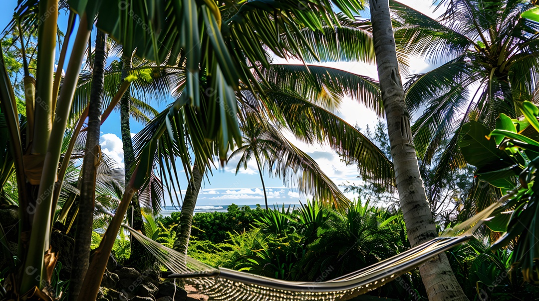 Rede sob uma copa de palmeiras com vista para o mar