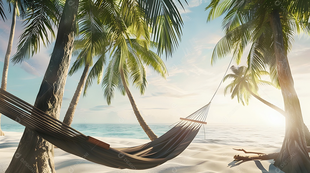 Rede sob uma copa de palmeiras com vista para o mar