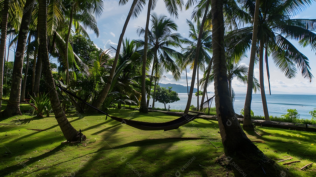 Rede sob uma copa de palmeiras com vista para o mar