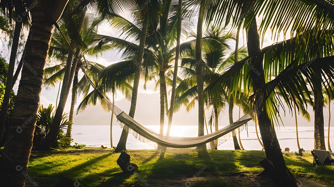 Rede sob uma copa de palmeiras com vista para o mar