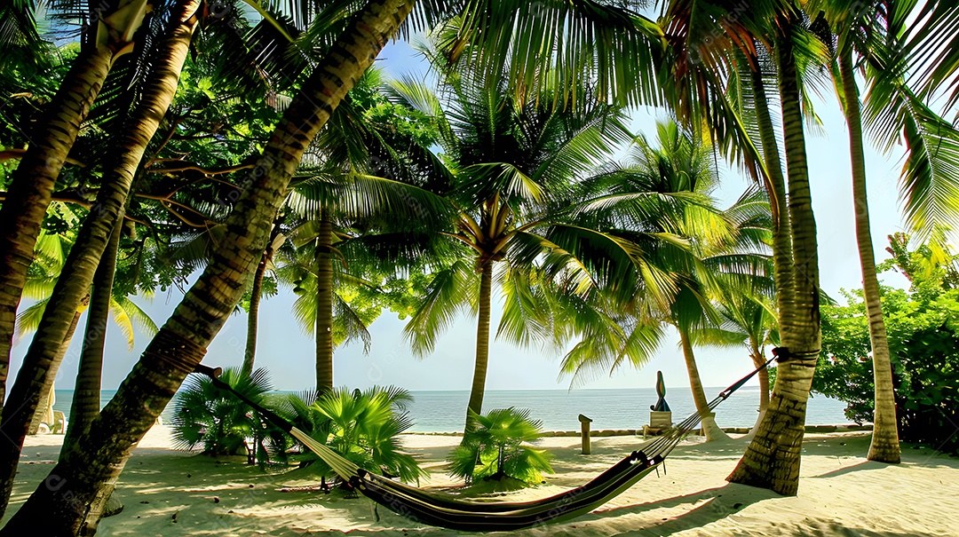 Rede sob uma copa de palmeiras com vista para o mar
