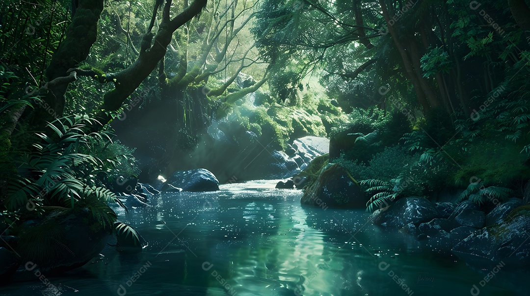 Rio lento fluindo através de uma floresta exuberante