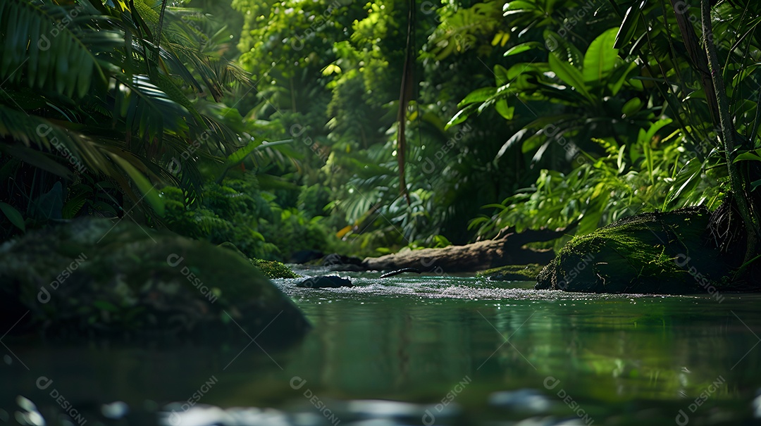 Rio lento fluindo através de uma floresta exuberante