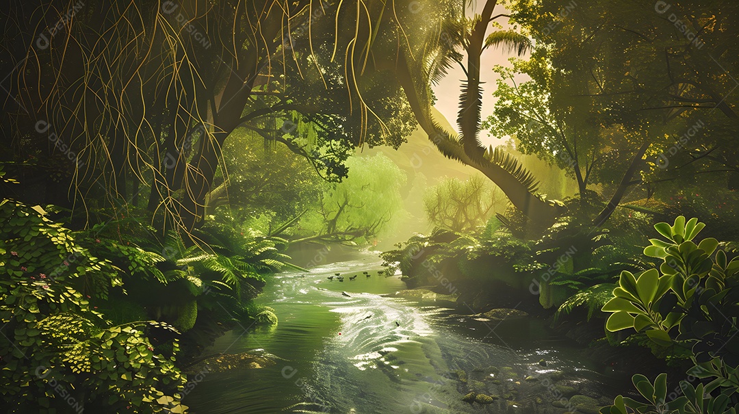 Rio lento fluindo através de uma floresta exuberante