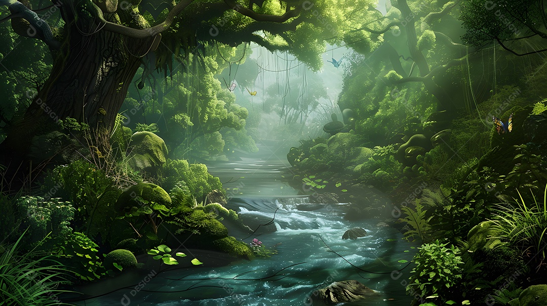 Rio lento fluindo através de uma floresta exuberante