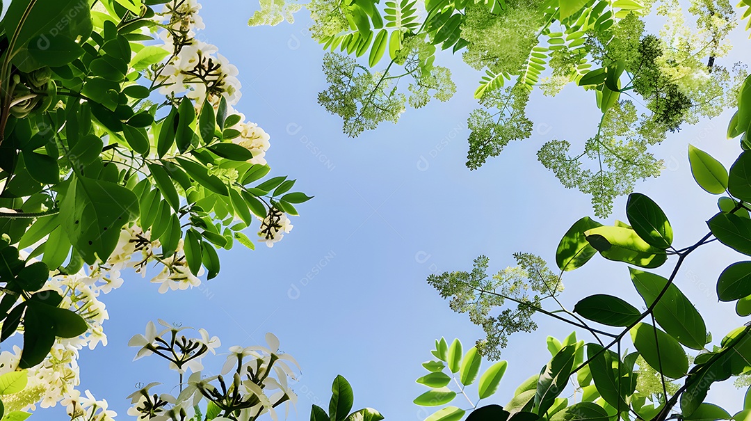 Folhas verdes exuberantes e flores em plena floração contra um céu azul claro