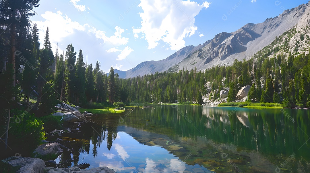 Lago tranquilo cercado por árvores e montanhas imponentes