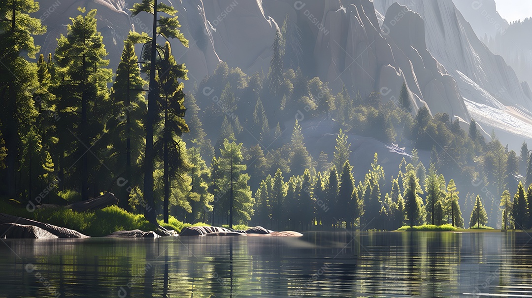 Lago tranquilo cercado por árvores e montanhas imponentes