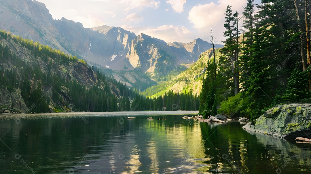 Lago tranquilo cercado por árvores e montanhas imponentes