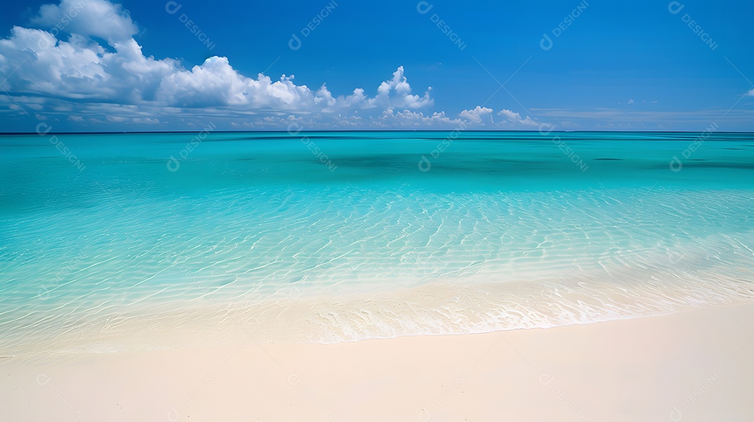 Praia ensolarada com águas cristalinas azul turquesa