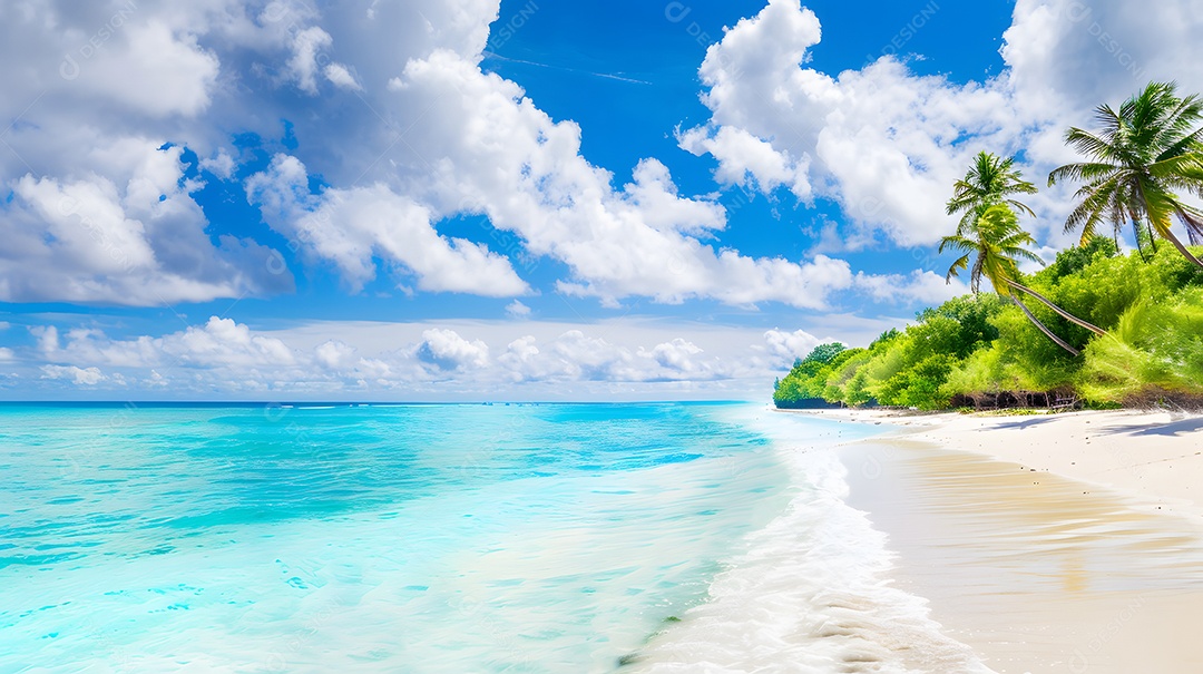 Praia ensolarada com águas cristalinas azul turquesa