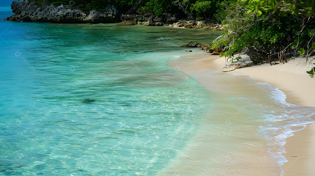 Praia ensolarada com águas cristalinas azul turquesa