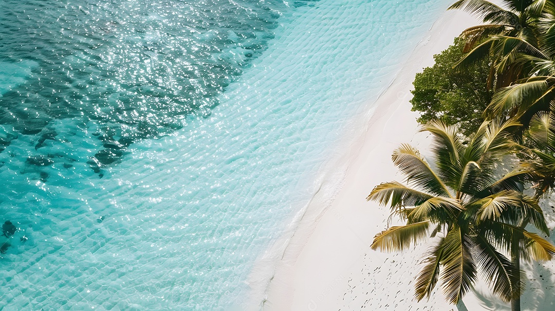 Praia ensolarada com águas cristalinas azul turquesa
