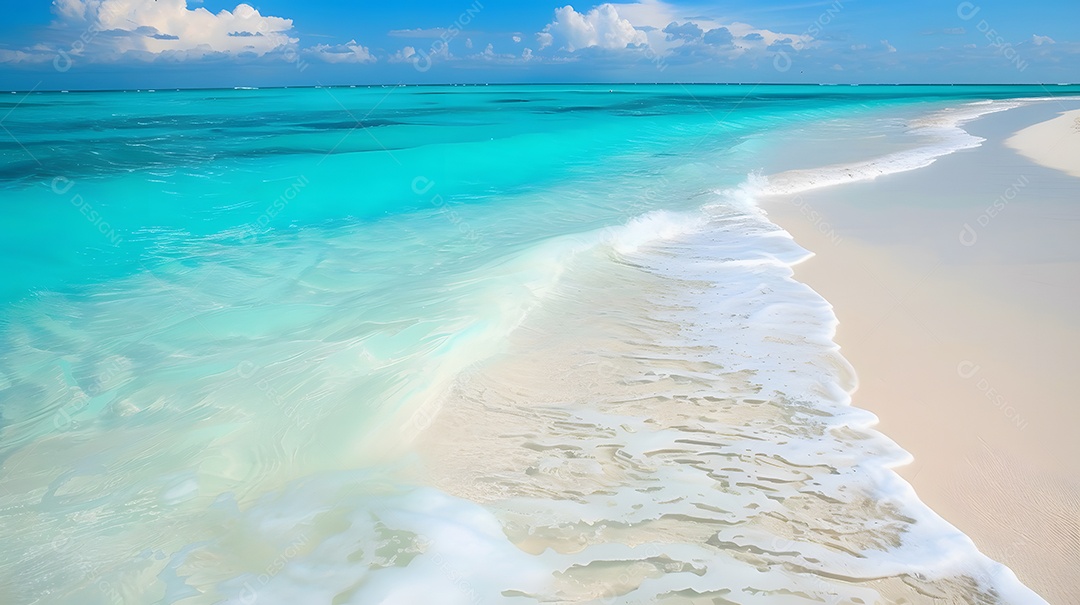 Praia ensolarada com águas cristalinas azul turquesa