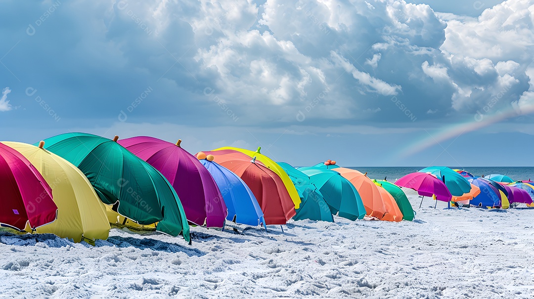 Guarda chuvas coloridos vibrantes alinhados em uma costa arenosa