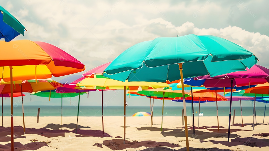 Guarda chuvas coloridos vibrantes alinhados em uma costa arenosa