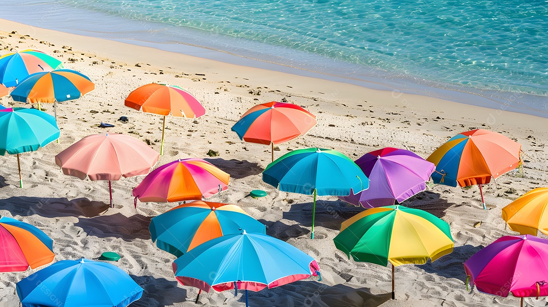 Guarda chuvas coloridos vibrantes alinhados em uma costa arenosa