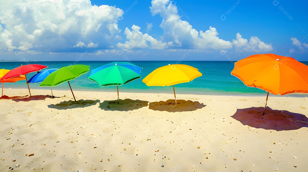 Guarda chuvas coloridos vibrantes alinhados em uma costa arenosa