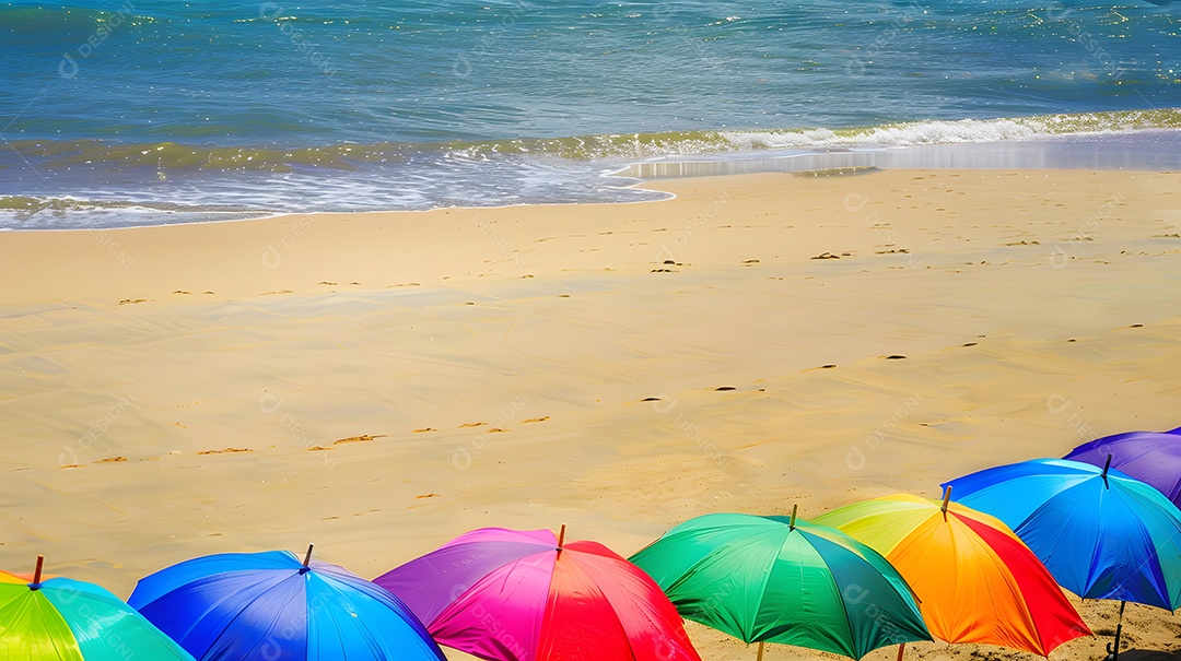 Guarda chuvas coloridos vibrantes alinhados em uma costa arenosa