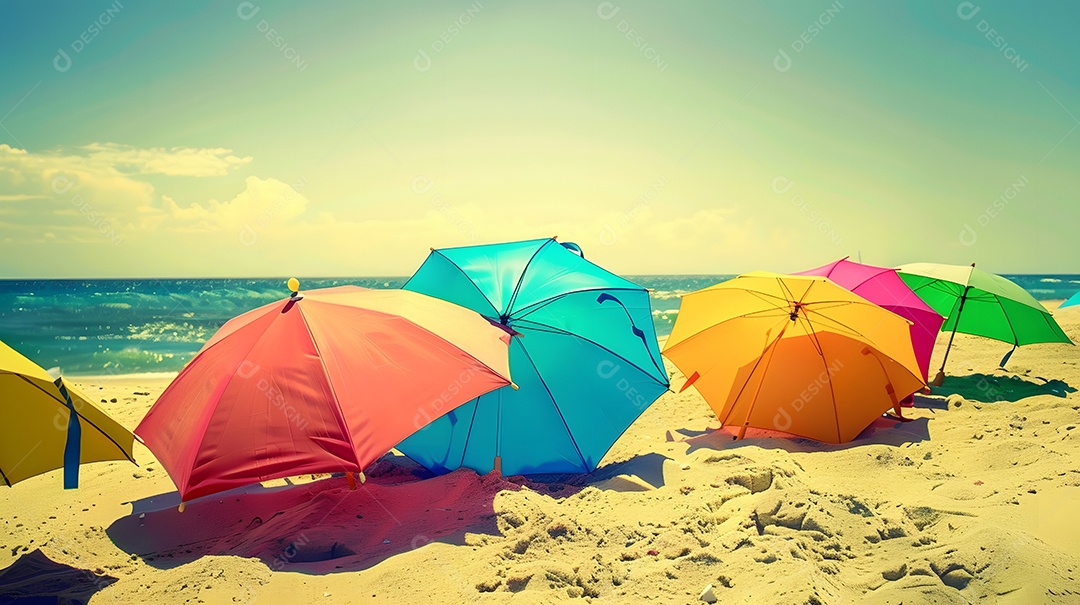 Guarda chuvas coloridos vibrantes alinhados em uma costa arenosa