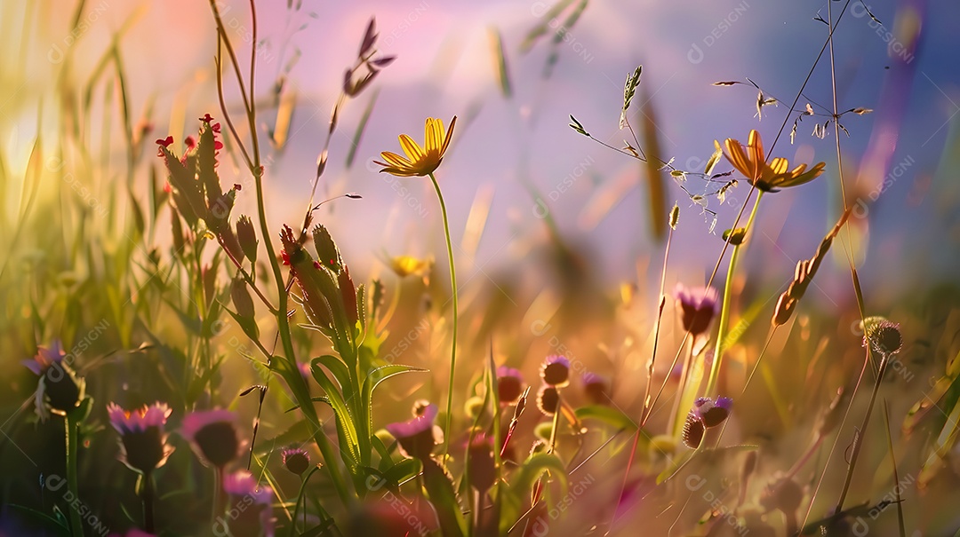 Um campo de flores silvestres balançando na brisa do verão