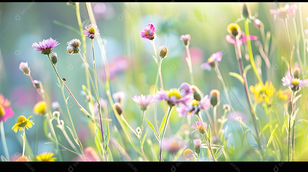 Um campo de flores silvestres balançando na brisa do verão